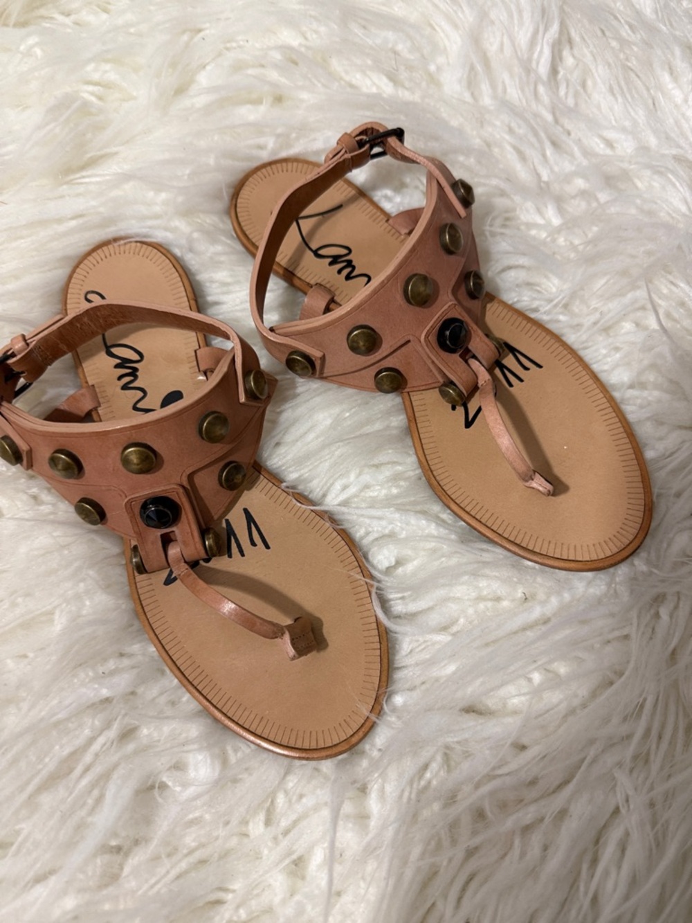 Lanvin  Blush Tan Studded Thong  T-Strap Sandals euro 38 or 7.5